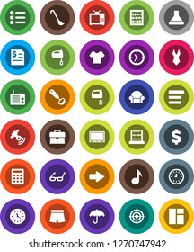 White Solid Icon Set- ladle vector, mixer, glasses, abacus, music, case, annual report, clock, dollar sign, shorts, swimsuite, t shirt, target, umbrella, satellitie, menu, arrow, cushioned furniture