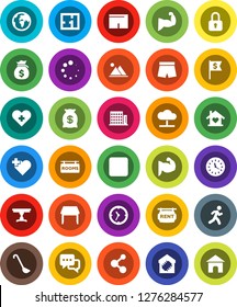 White Solid Icon Set- ladle vector, money bag, dollar flag, muscule hand, shorts, molecule, heart cross, run, earth, clock, dialog, forward button, cloud network, loading, mountain, plan, rooms