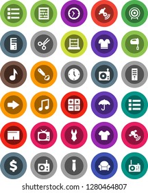 White Solid Icon Set- ladle vector, mixer, abacus, music, clock, tie, dollar sign, shorts, swimsuite, t shirt, target, umbrella, radio, satellitie, scissors, menu, arrow, cushioned furniture, tv