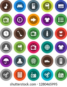 White Solid Icon Set- ladle vector, mixer, scissors, music, clock, tie, snickers, swimsuite, t shirt, target, calendar, umbrella, tv, arrow, cushioned furniture, calculator, menu, hood, computer