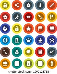 White Solid Icon Set- ladle vector, book, ruler, magnet, molecule, leaf, money bag, dollar flag, tie, run, earth, dry cargo, package, flammable, stop button, rec, eye, scissors, cloud network, house