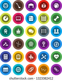 White Solid Icon Set- ladle vector, bbq, calculator, clipboard, constellation, dollar coin, pie graph, auction, annual report, bank building, heart pulse, target, calendar, bone, route, top sign