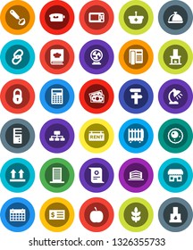 White Solid Icon Set- ladle vector, cookbook, dish, table lamp, calculator, certificate, receipt, hierarchy, diet, calendar, cereals, money, top sign, video camera, link, ovule, lock, rent signboard