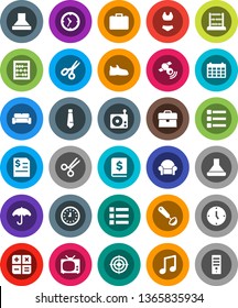 White Solid Icon Set- ladle vector, scissors, abacus, music, case, annual report, clock, tie, calendar, snickers, swimsuite, target, umbrella, radio, satellitie, menu, cushioned furniture, tv, hood