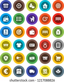 White Solid Icon Set- laptop graph vector, wallet, percent growth, target, euro sign, office, barcode, cash, money bag, sale, 24 hour, customer, receipt, cart, shopping list, delivery, mail, check