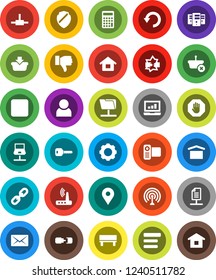 White Solid Icon Set- laptop graph vector, calculator, map pin, dry cargo, antenna, video camera, finger down, forward button, connect, notebook network, disconnection, folder, server, gear, menu