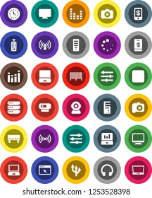 White Solid Icon Set- laptop graph vector, clock, camera, equalizer, remote control, headphones, notebook pc, forward button, big data, browser, bench, loading, route arrow, wireless, barcode, web