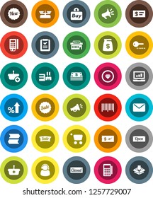 White Solid Icon Set- laptop graph vector, percent growth, cash, money bag, sale, new, open, closed, mall, support, buy, barcode, card reader, basket, cart, shopping list, mail, loudspeaker, check