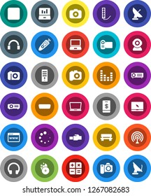 White Solid Icon Set- laptop graph vector, music hit, camera, antenna, equalizer, remote control, headphones, notebook pc, stop button, hdmi, browser, lan connector, bench, loading, calculator, web