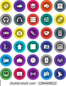White Solid Icon Set- laptop graph vector, arrow up, clock, barcode, camera, headphones, notebook pc, stop button, cloud lock, big data, equalizer, lan connector, route, wireless, tap pay, monitor