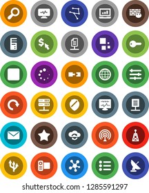 White Solid Icon Set- laptop graph vector, dollar cursor, antenna, video camera, social media, favorites, forward button, diagnostic monitor, network, server, cloud exchange, equalizer, shield, redo