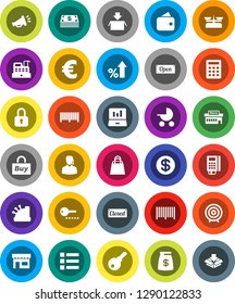 White Solid Icon Set- laptop graph vector, percent growth, target, euro sign, dollar coin, wallet, cash, money bag, open, closed, shopping, store, mall, support, buy, barcode, card reader, cashbox