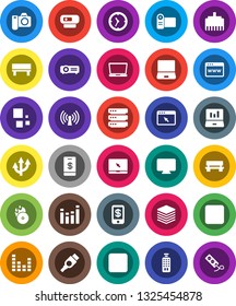 White Solid Icon Set- laptop graph vector, clock, music hit, equalizer, remote control, notebook pc, stop button, forward, hdmi, big data, browser, lan connector, bench, loading, route arrow, camera