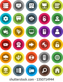 White Solid Icon Set- laptop graph vector, map pin, satellitie, video camera, diagnostic monitor, network folder, server, cloud, exchange, big data, gear, menu, hub, message, arrow, globe, route