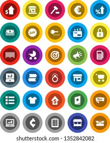 White Solid Icon Set- laptop graph vector, percent growth, dollar, euro sign, cent, office, cash, sale, new, market, store, target, barcode, card reader, cart, shopping list, auction, mail, catalog