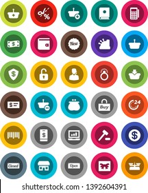 White Solid Icon Set- laptop graph vector, wallet, barcode, gift, dollar coin, cash, new, open, closed, 24 hour, store, support, buy, card reader, cashbox, basket, auction, catalog, unlock, check
