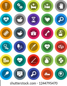 White Solid Icon Set- liquid soap vector, rubber glove, heart pulse, doctor bag, cross, gender sign, magnifier, dropper, crutches, scalpel, broken bone, sand clock, stethoscope, pills, blister