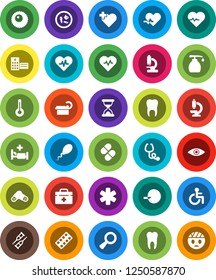 White Solid Icon Set- liquid soap vector, heart pulse, cross, doctor bag, ambulance star, disabled, thermometer, eye, magnifier, insemination, crutches, sand clock, stethoscope, pills, blister