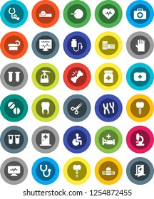 White Solid Icon Set- liquid soap vector, rubber glove, school building, heart pulse, first aid kit, disabled, vial, insemination, scissors, broken bone, stethoscope, pills, bottle, eye doctor hat