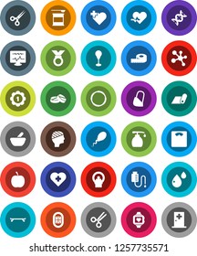 White Solid Icon Set- liquid soap vector, diet, measuring, scales, punching bag, skateboard, medal, sports nutrition, molecule, heart monitor, fitness mat, cross, hoop, stadium, pulse, dna, scissors