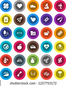 White Solid Icon Set- liquid soap vector, microscope, diet, bike, hand trainer, buttocks, snickers, skateboard, pills, stairways run, shuttlecock, heart monitor, cross, pulse, gender sign, dna