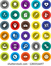 White Solid Icon Set- liquid soap vector, rubber glove, heart cross, ambulance star, thermometer, eye, magnifier, pregnancy, insemination, syringe, dropper, sand clock, pills, blister, mortar, sperm