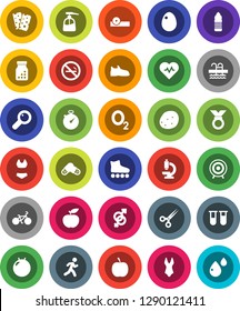 White Solid Icon Set- liquid soap vector, egg, potato, diet, heart pulse, stopwatch, bike, fitball, snickers, swimsuite, roller Skates, target, medal, water bottle, breads, pool, no smoking, oxygen