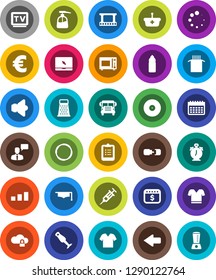 White Solid Icon Set- liquid soap vector, grater, microwave oven, blender, pasta, graduate hat, alarm clock, clipboard, school bus, dollar calendar, euro sign, t shirt, water bottle, hoop, sorting