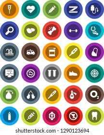 White Solid Icon Set- liquid soap vector, potato, barbell, measuring, heart pulse, punching bag, snickers, boxing glove, target, sports nutrition, monitor, pool, no alcohol sign, oxygen, thermometer