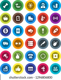 White Solid Icon Set- liquid soap vector, knife, chicken leg, percent growth, piggy bank, any currency, roller Skates, calendar, bone, hoop, navigator, attention, phone 24, support, clipboard, data