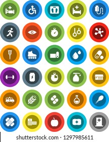 White Solid Icon Set- liquid soap vector, diet, barbell, scales, stopwatch, roller Skates, pills, enegry drink, molecule, fitness mat, cereals, first aid kit, gymnast rings, run, disabled, flask
