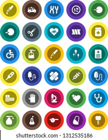 White Solid Icon Set- liquid soap vector, rubber glove, disabled, heart pulse, cross, thermometer, flask, insemination, syringe, dropper, scissors, patch, stethoscope, pills bottle, eye doctor hat