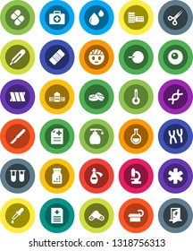 White Solid Icon Set- liquid soap vector, school building, first aid kit, ambulance star, thermometer, flask, vial, dna, insemination, dropper, scissors, scalpel, patch, pills, bottle, microscope