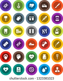 White Solid Icon Set- liquid soap vector, rubber glove, heart pulse, cross, thermometer, vial, dna, dropper, crutches, scalpel, broken bone, sand clock, patch, pills bottle, eye doctor hat, microbs