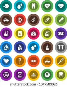 White Solid Icon Set- liquid soap vector, school building, heart pulse, cross, doctor bag, disabled, thermometer, flask, vial, eye, insemination, syringe, crutches, sand clock, pills bottle, microbs