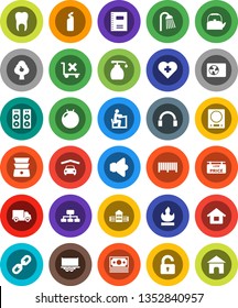 White Solid Icon Set- liquid soap vector, cleaning agent, shower, kettle, double boiler, copybook, school building, student, hierarchy, fitball, heart cross, money, truck trailer, delivery, speaker