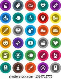 White Solid Icon Set- liquid soap vector, rubber glove, school building, first aid kit, disabled, heart cross, thermometer, flask, gender sign, dna, insemination, scalpel, broken bone, mortar, sperm