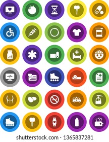 White Solid Icon Set- liquid soap vector, potato, fitball, buttocks, t shirt, roller Skates, pills, sports nutrition, heart monitor, water bottle, fitness mat, no smoking, hoop, ambulance star