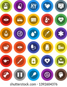 White Solid Icon Set- liquid soap vector, school building, heart pulse, cross, ambulance star, flask, vial, eye, dropper, scalpel, broken bone, pills bottle, doctor hat, microbs, chromosomes, potion
