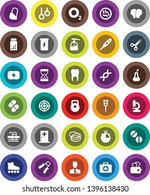 White Solid Icon Set- liquid soap vector, stopwatch, pills vial, weight, hand trainer, boxing glove, roller Skates, target, enegry drink, pool, first aid kit, hoop, gymnast rings, oxygen, flask, dna