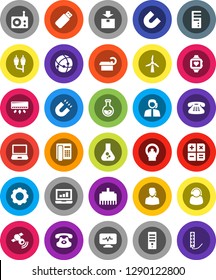 White Solid Icon Set- magnet vector, flask, laptop graph, heart monitor, support, package, radio, satellitie, classic phone, rca, diagnostic, tomography, connection, gear, lan connector, windmill
