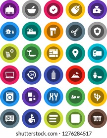 White Solid Icon Set- map pin vector, phone 24, port, consolidated cargo, protected, big scales, remote control, backward button, rca, disabled, scissors, mortar, chromosomes, menu, lan connector