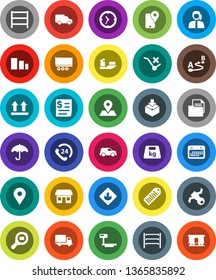 White Solid Icon Set- map pin vector, office, satellite, phone 24, support, traking, ship, truck trailer, delivery, car, clock, calendar, receipt, document, umbrella, top sign, no trolley, package