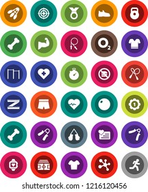 White Solid Icon Set- measuring vector, heart pulse, stadium, stopwatch, weight, jump rope, hand trainer, horizontal bar, fitball, muscule, snickers, boxing glove, shorts, t shirt, target, medal