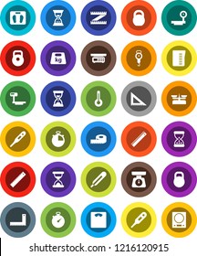 White Solid Icon Set- measuring cup vector, scales, corner ruler, sand clock, stopwatch, weight, big, thermometer, store, kitchen