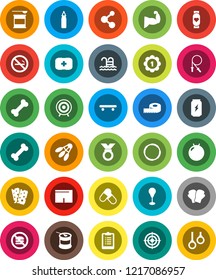 White Solid Icon Set- measuring vector, clipboard, jump rope, punching bag, fitball, muscule hand, boxing glove, shorts, skateboard, target, medal, pills, sports nutrition, enegry drink, molecule
