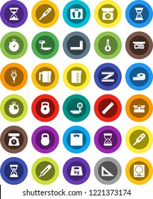 White Solid Icon Set- measuring cup vector, scales, corner ruler, sand clock, stopwatch, weight, big, thermometer, store, kitchen