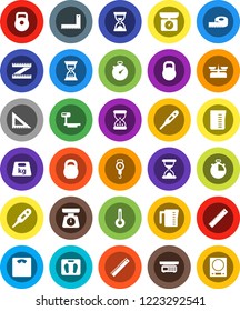 White Solid Icon Set- measuring cup vector, scales, corner ruler, sand clock, stopwatch, weight, big, thermometer, store, kitchen