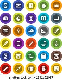 White Solid Icon Set- measuring cup vector, scales, corner ruler, sand clock, stopwatch, weight, big, thermometer, store, kitchen
