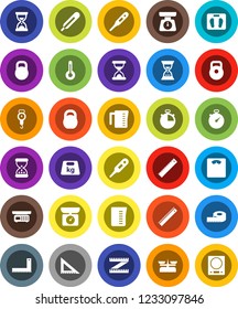 White Solid Icon Set- measuring cup vector, scales, corner ruler, sand clock, stopwatch, weight, thermometer, store, kitchen